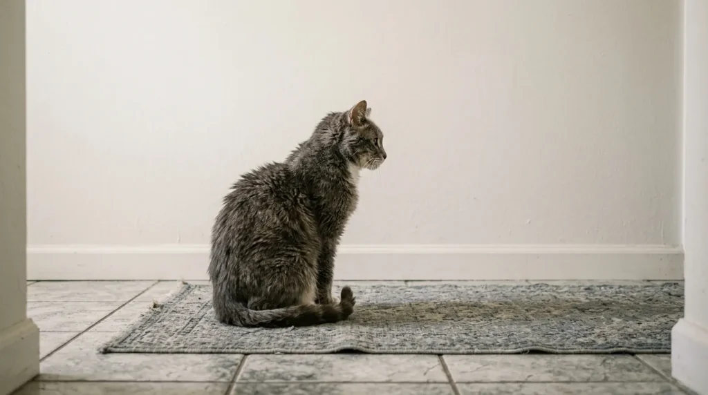 An elderly grey cat staring blankly at a white wall, showing possible signs of cognitive decline.