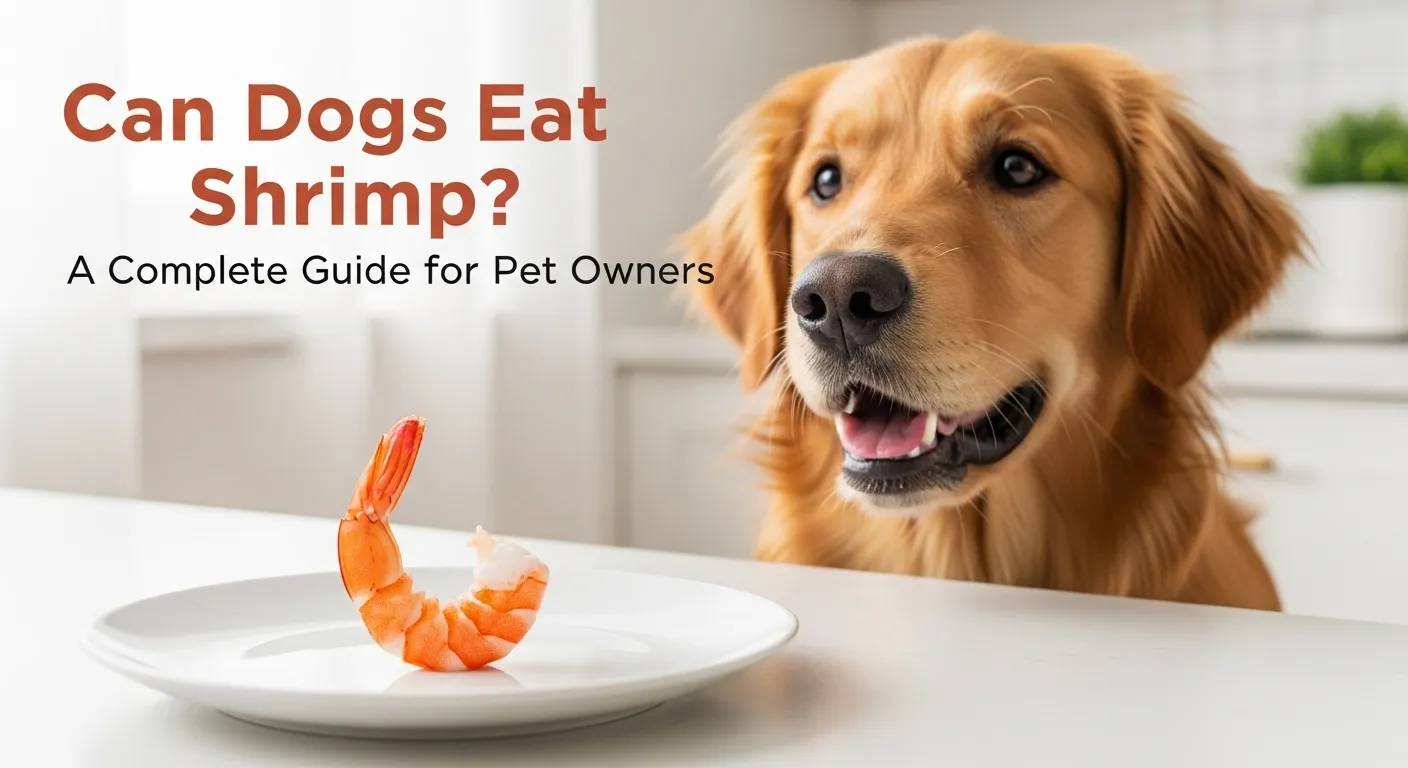 Dog looking at a cooked shrimp on a plate