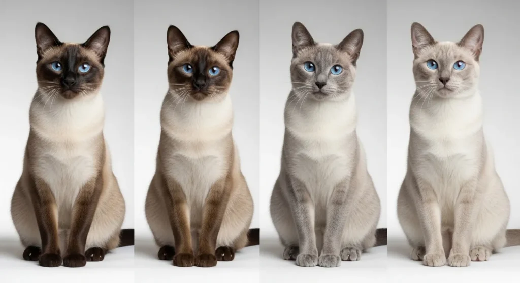 Siamese cats showing seal, chocolate, blue, and lilac points.
