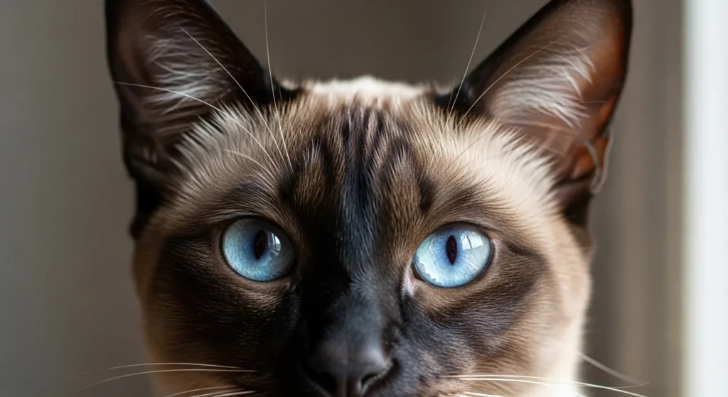 Siamese cat with blue almond eyes and large ears.