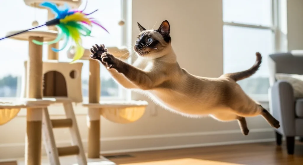 Active Siamese cat with toy on cat tree.