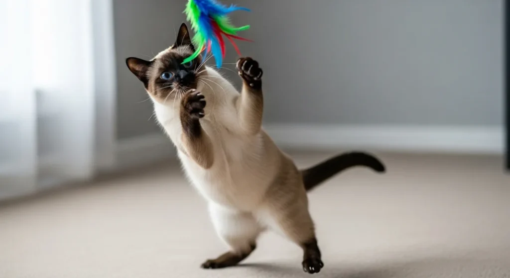 Siamese cat engaging with a toy.