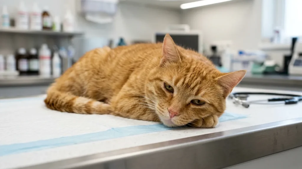 Lethargic cat at vet after showing signs of illness from eating ham
