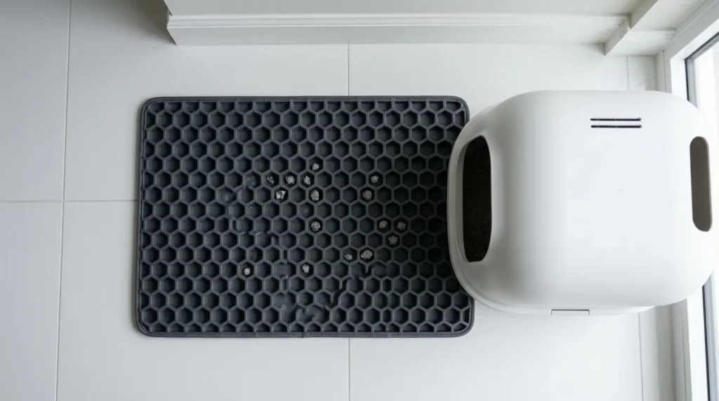 Silicone honeycomb litter mat placed in front of a cat litter box trapping scattered litter in its grooves.