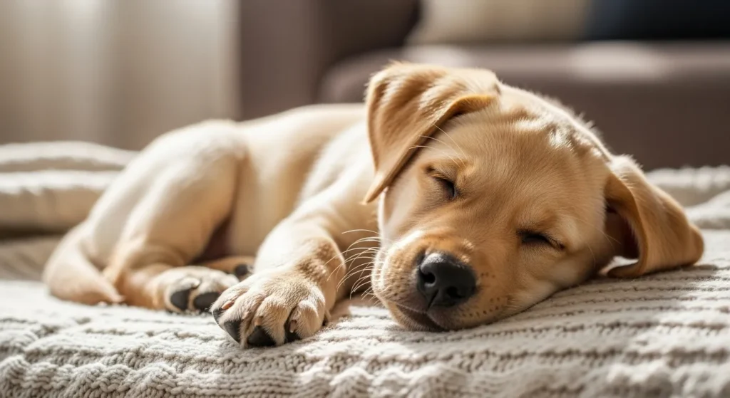 Cute puppy sleeping soundly on a blanket