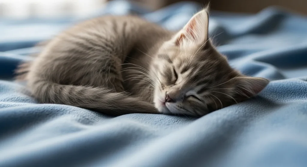 Cute kitten sleeping soundly on a blanket.