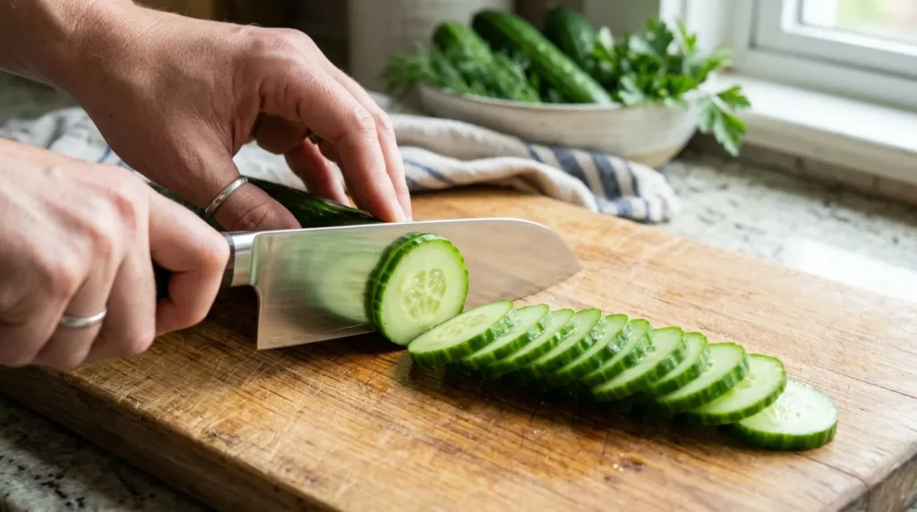Cucumber being cut into thin slices on a wooden cutting board
