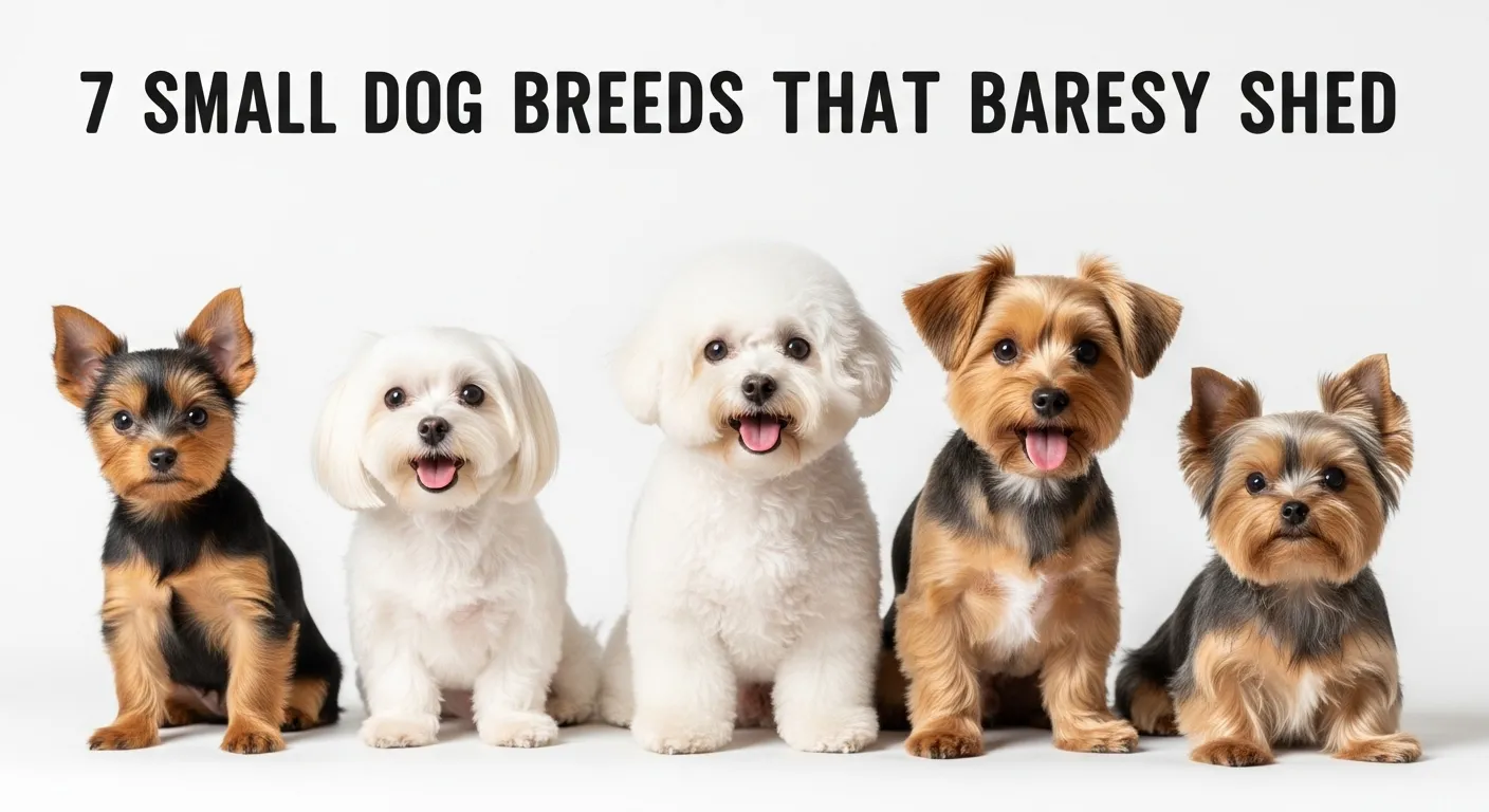 Group of small low-shedding dogs on a clean white background.