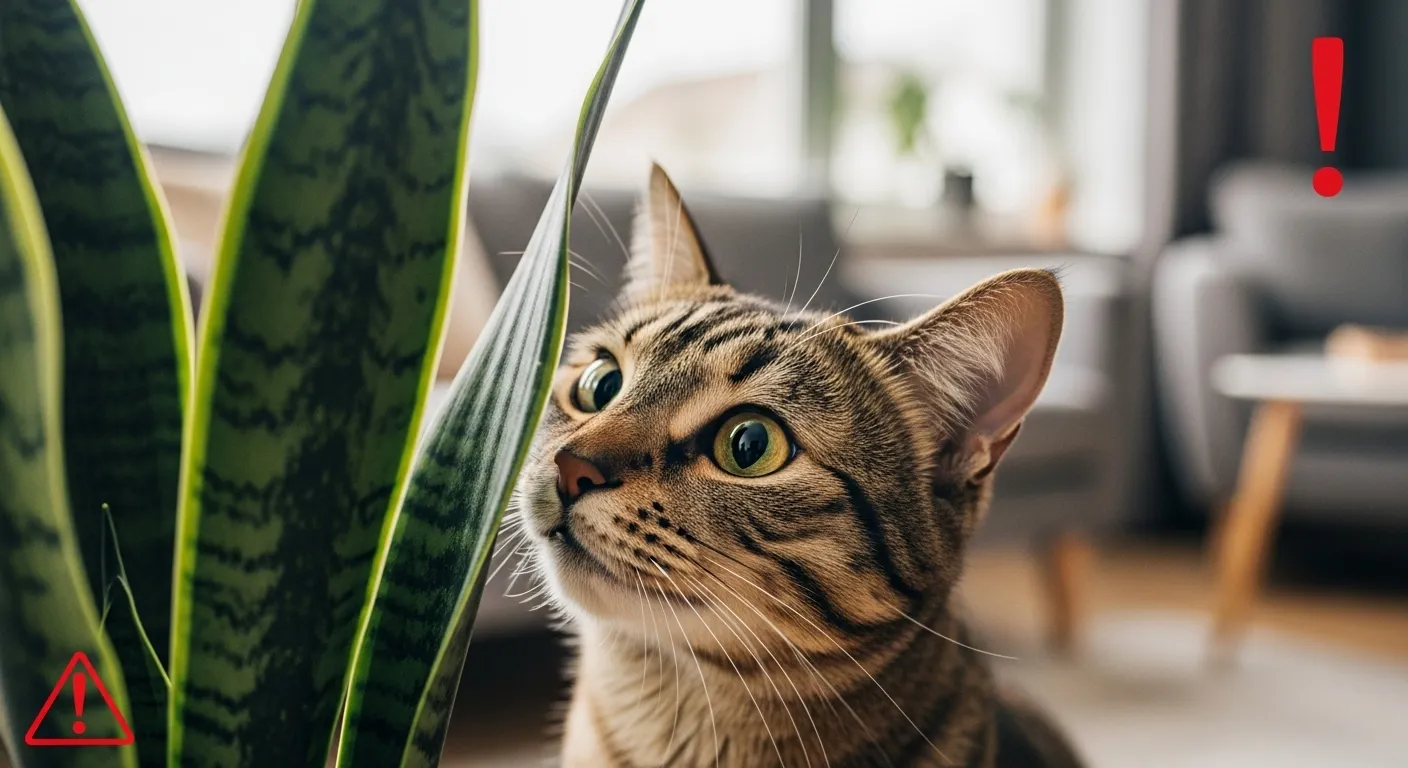 Thumbnail of cat sniffing snake plant for toxicity article.