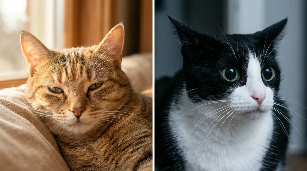 Two cats side by side showing the difference between a soft relaxed stare and an aggressive hard stare.