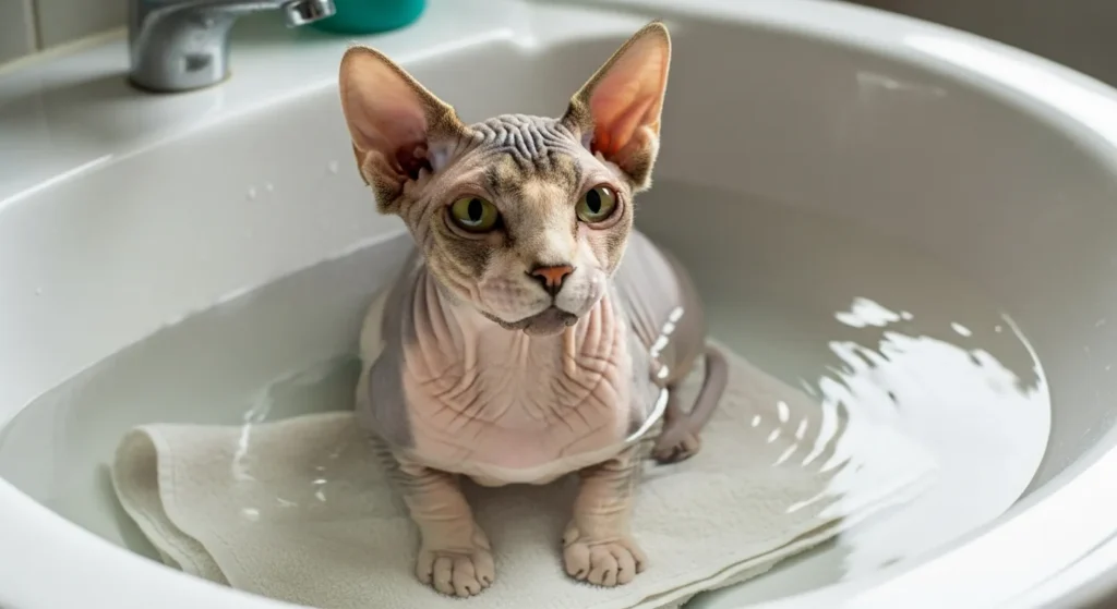Sphynx cat getting bathed in warm water