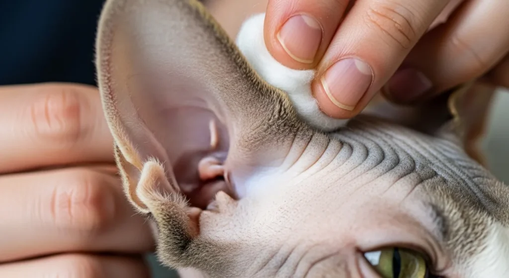Owner cleaning Sphynx cat's ear with cotton ball