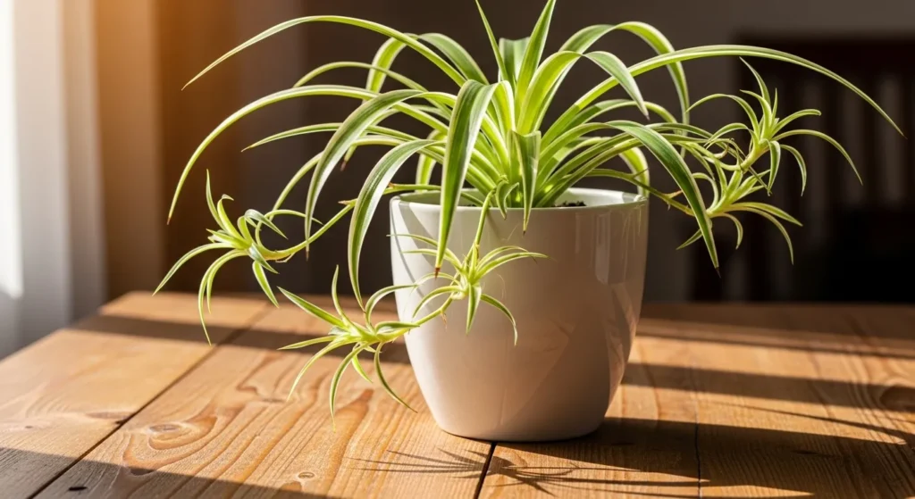 Green spider plant with long leaves.