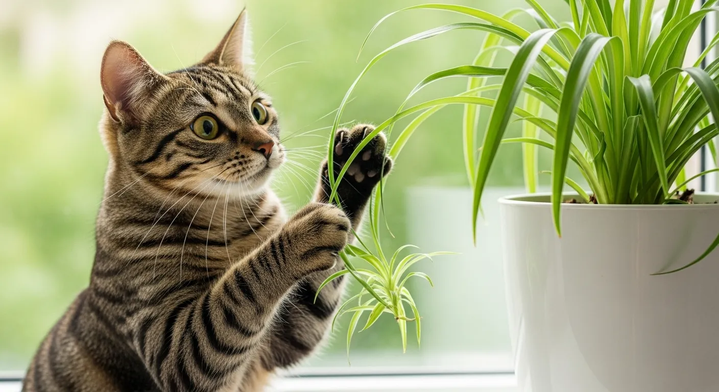Curious cat near non-toxic spider plant.