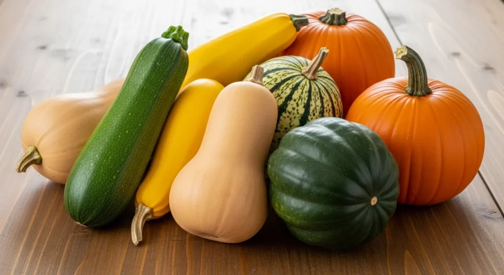 Different squash varieties like zucchini and butternut on a table.