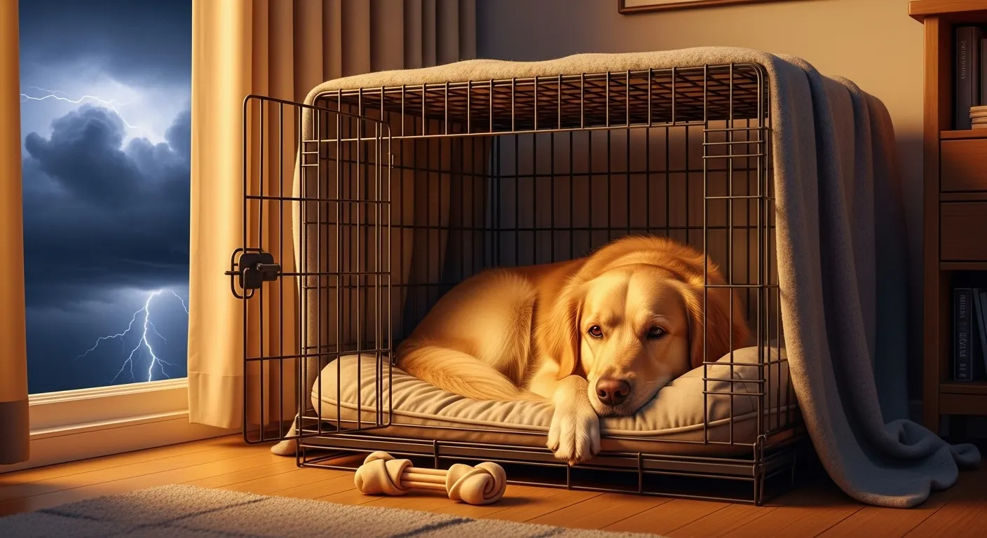 Cozy dog in safe spot amid thunderstorm for anxiety relief.