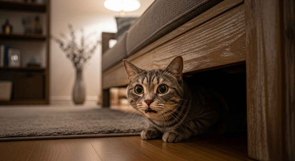 Anxious cat under couch meowing