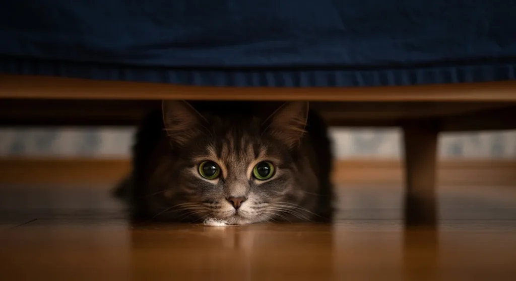 A stressed grey cat hiding under a bed after being frightened 