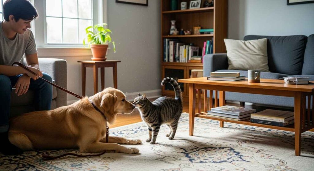 Leashed dog and free cat in a room with a person nearby.