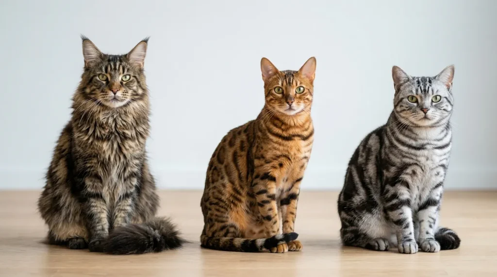 Maine Coon, Bengal, and American Shorthair cats showing different tabby coat patterns