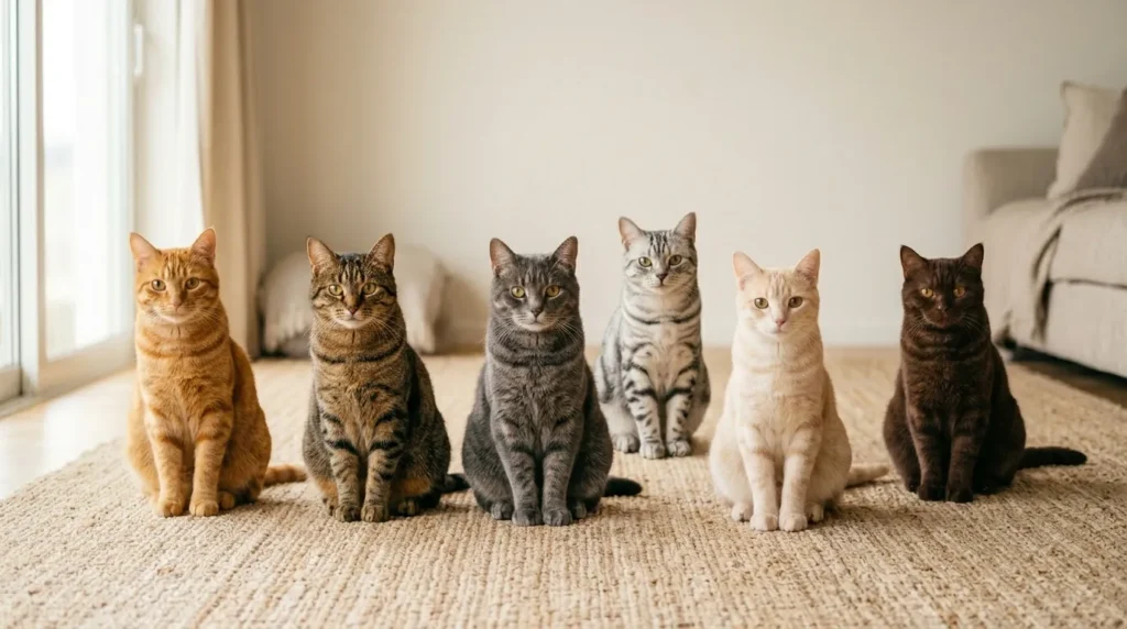 Six tabby cats showing different coat colors including orange, brown, gray, silver, cream, and chocolate