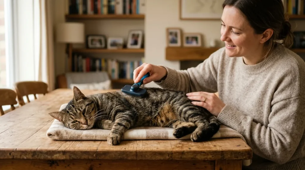 Person brushing a brown tabby cat during weekly grooming routine