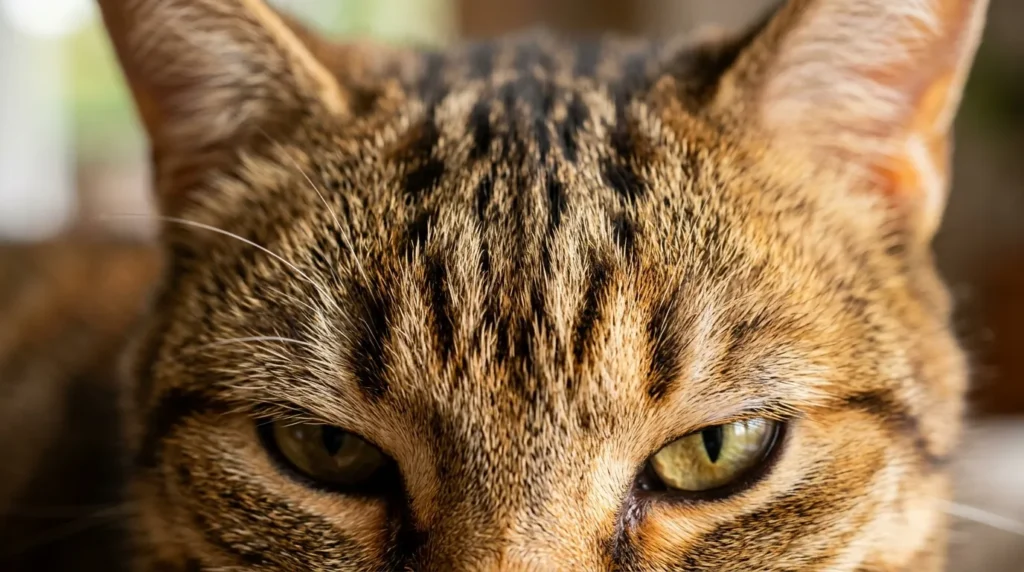 Close-up of a tabby cat's forehead showing the M-shaped genetic marking
