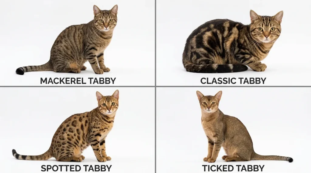 Comparison of four tabby cat coat patterns: mackerel, classic, spotted, and ticked