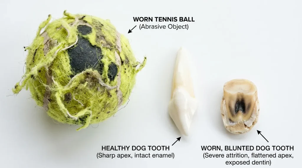 Comparison of healthy dog tooth versus worn blunted tooth from repeated tennis ball chewing