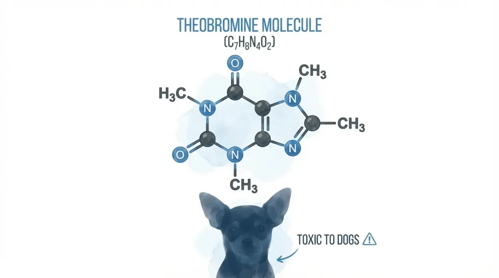 Theobromine molecular structure illustration explaining why chocolate is toxic to dogs