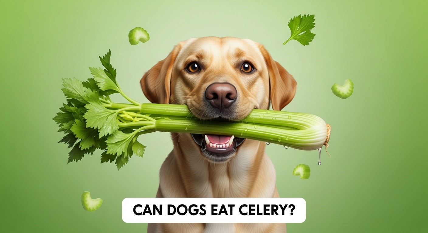 Dog eating celery safely thumbnail image.