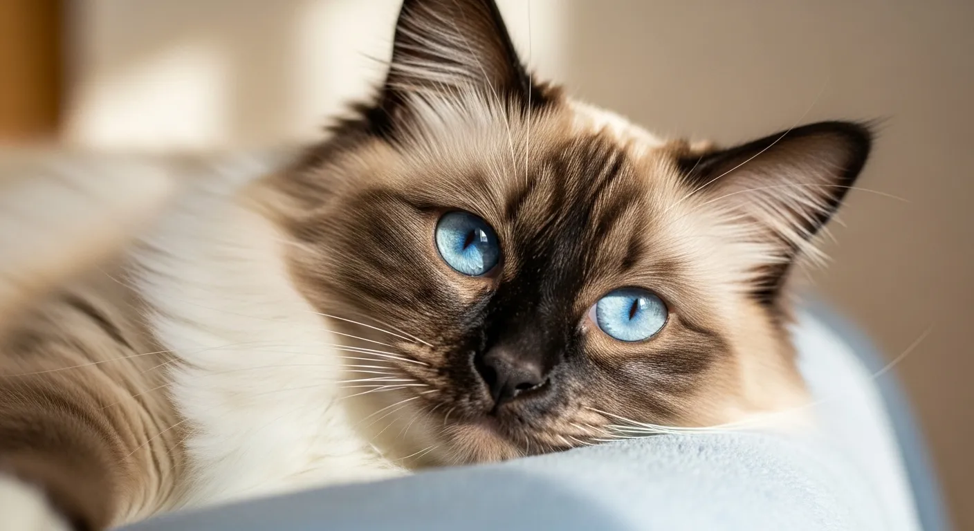 Fluffy Ragdoll cat with blue eyes showcasing personality traits