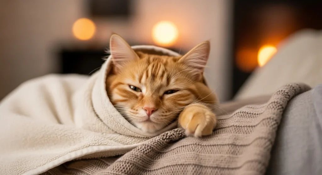 Cat in towel for grooming