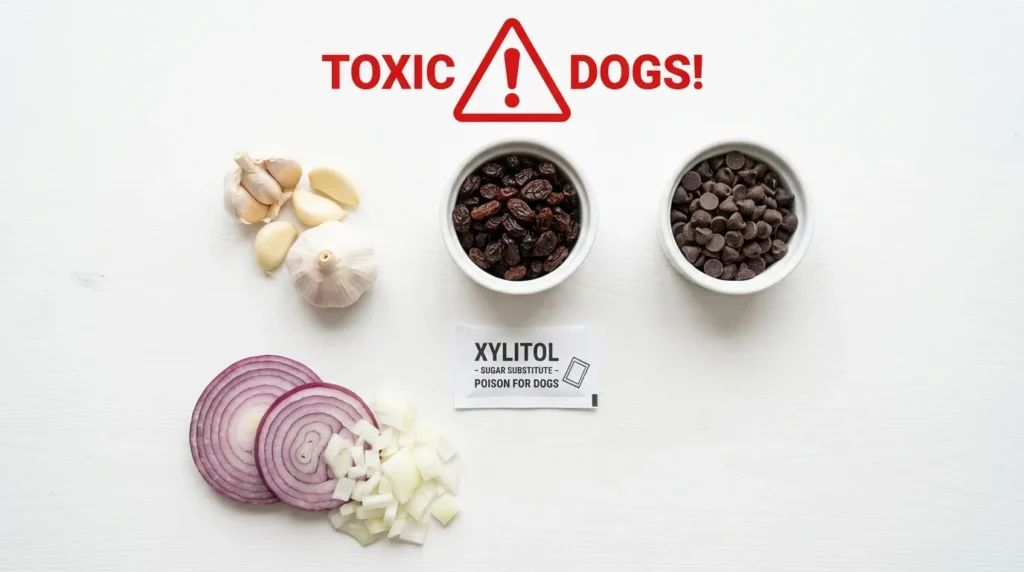 Toxic bread ingredients for dogs including garlic, raisins, chocolate chips, and xylitol laid out on a white surface