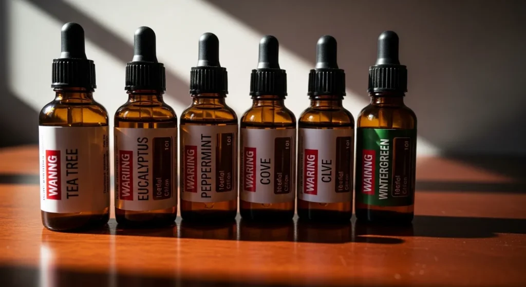 Row of essential oil bottles with warning labels representing oils toxic to dogs
