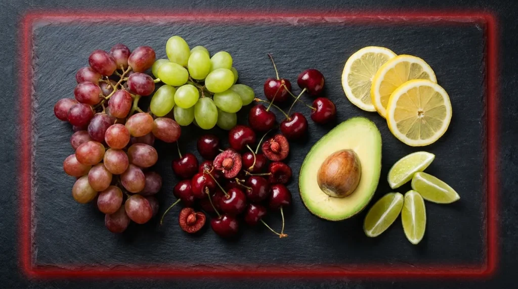 Toxic fruits for dogs including grapes, cherries with pits, avocado, lemons, and limes on a dark slate surface
