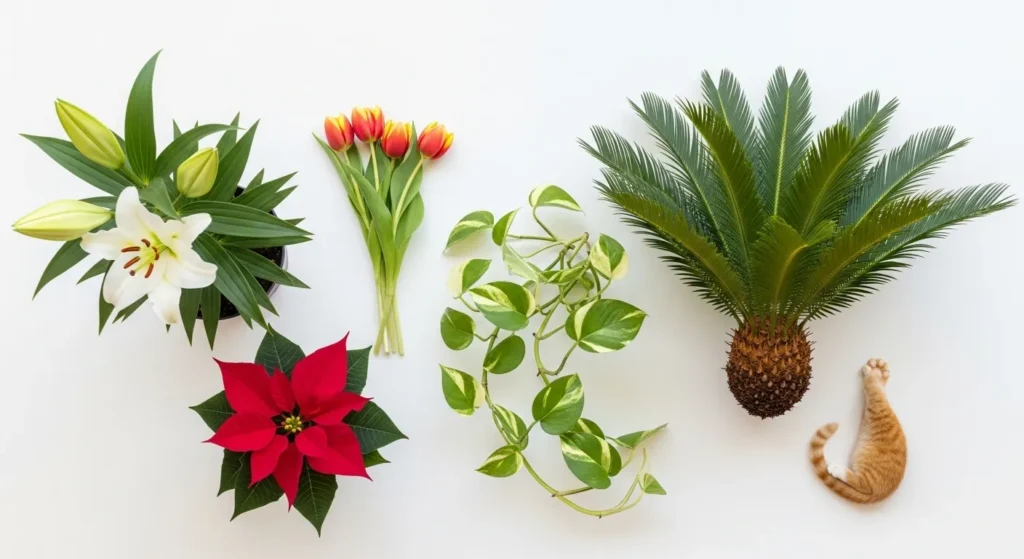 Common toxic houseplants including lily, tulip, and pothos laid out on a white surface next to a cat's paw.