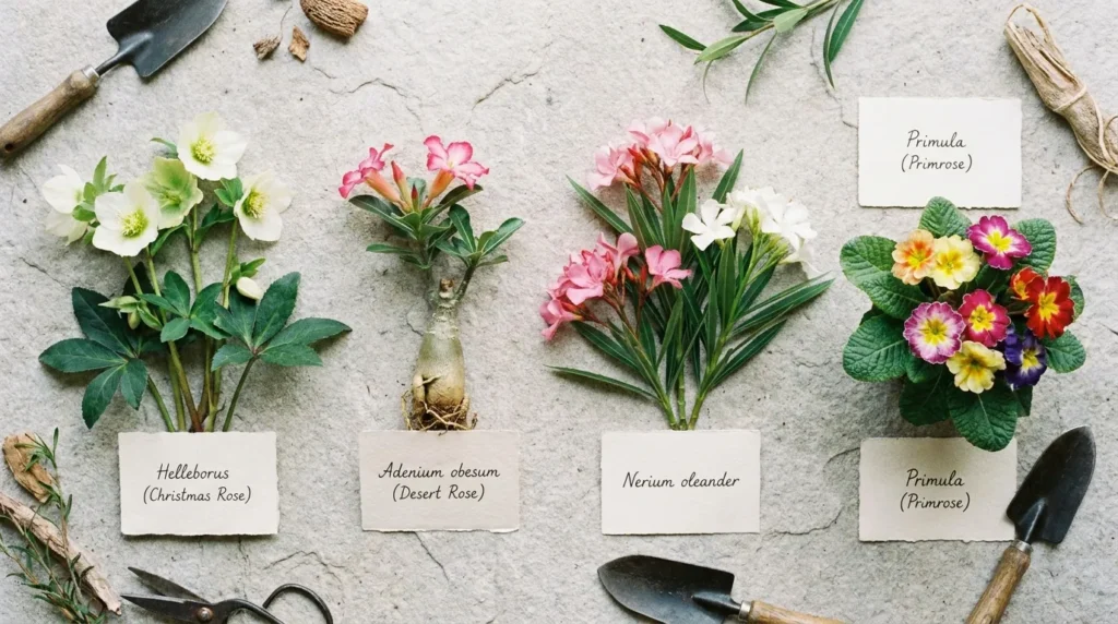 Four toxic plants sometimes called roses laid out flat: hellebore, desert rose, oleander, and primrose