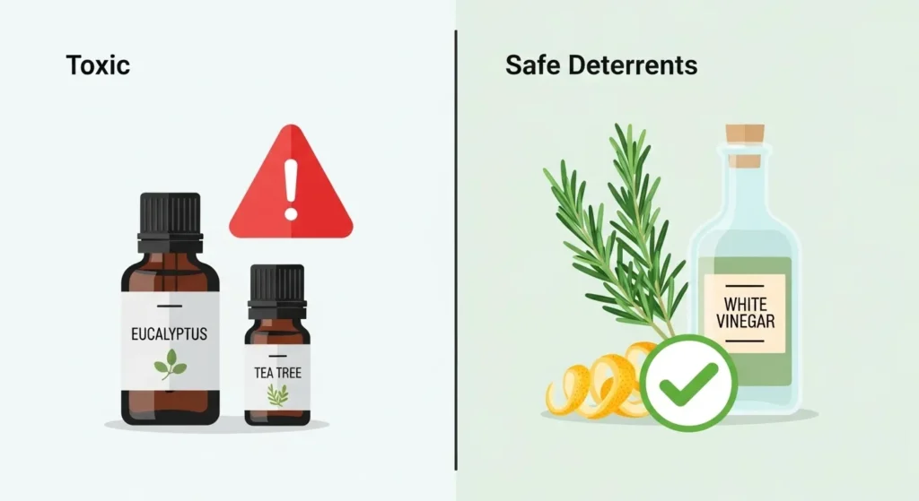 Split comparison graphic showing toxic essential oils vs safe natural cat deterrents