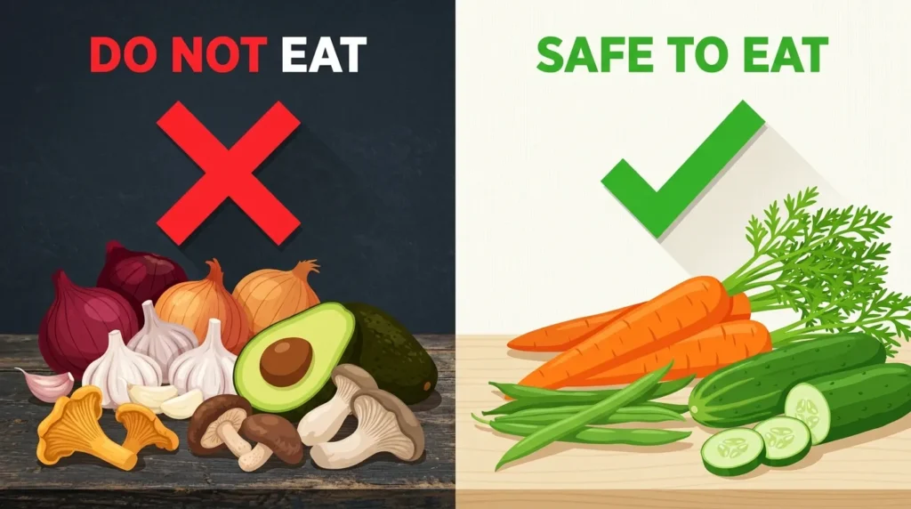 Comparison image showing toxic vegetables dogs cannot eat versus safe vegetables dogs can eat