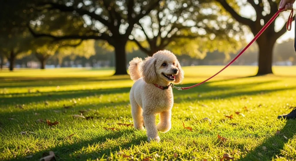 Toy Poodle walking on a leash in a park.