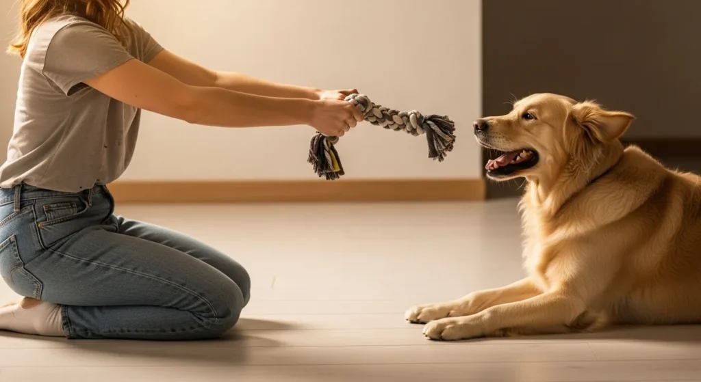 Person teaching dog to chew toy not hands in living room.