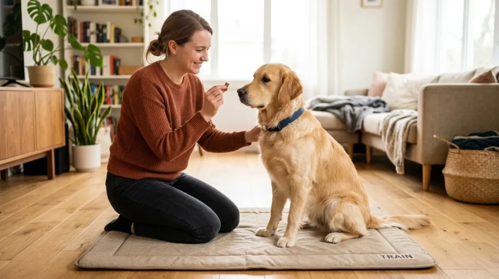 Dog owner training a dog with treats to be quiet during a training session at home