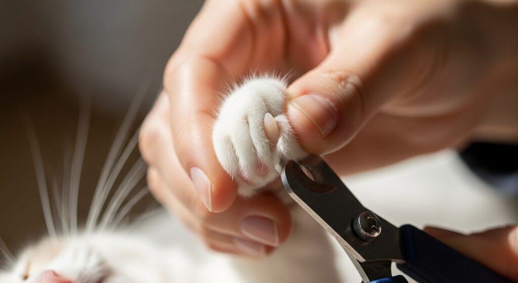 hand gently pressing cat paw to show extended nail