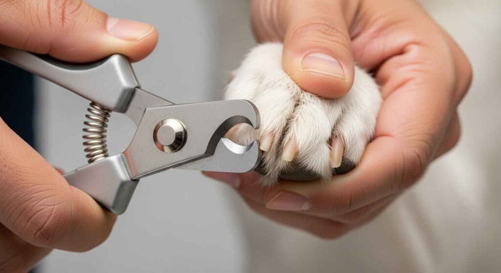 Close-up of a dog’s nail being trimmed with clippers.