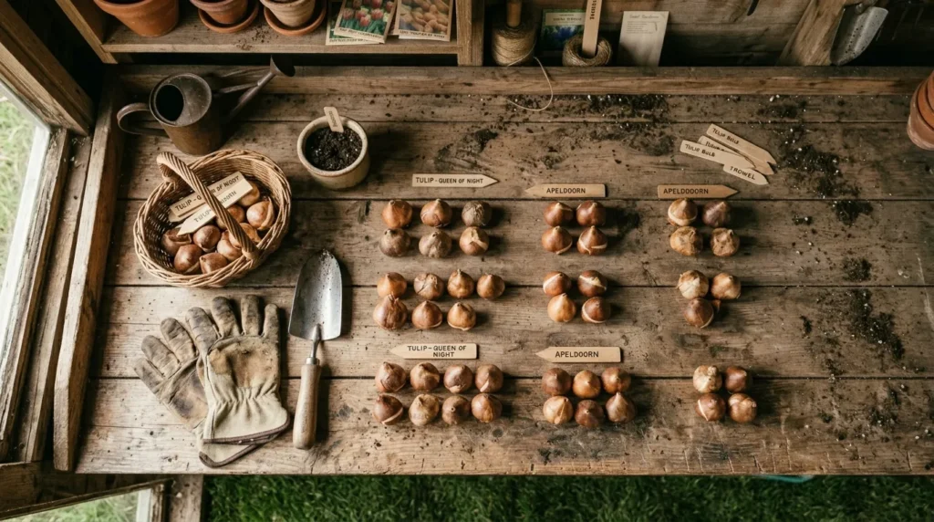 Tulip bulbs on a potting bench representing a toxic hazard for cats in the home