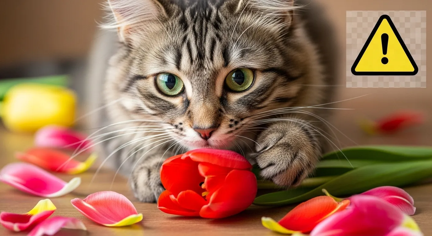 cat pawing at red tulip flower toxicity warning