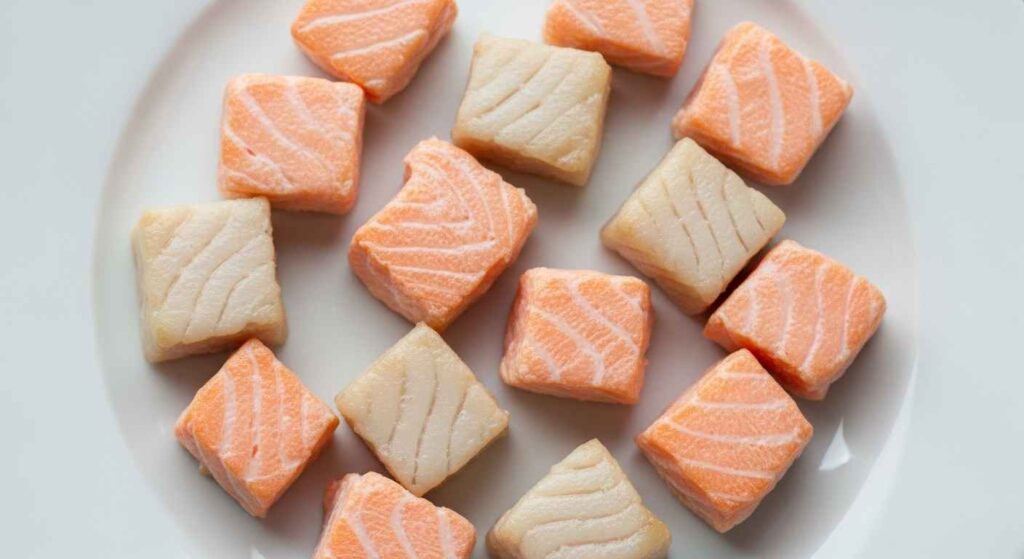 Plate with cooked salmon and whitefish pieces.