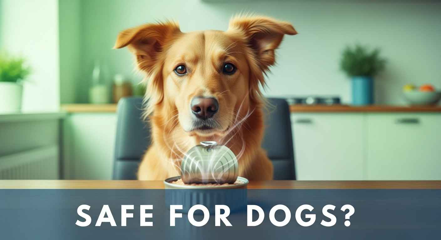 Adorable dog looking at tuna can with safety tips overlay.