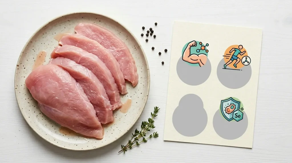 Turkey breast meat with nutritional icons representing protein and vitamins for cats